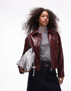 Topshop Faux Leather Bubble Boxy Zip Through Bomber Jacket In Burgundy