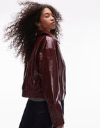 Topshop Faux Leather Bubble Boxy Zip Through Bomber Jacket In Burgundy