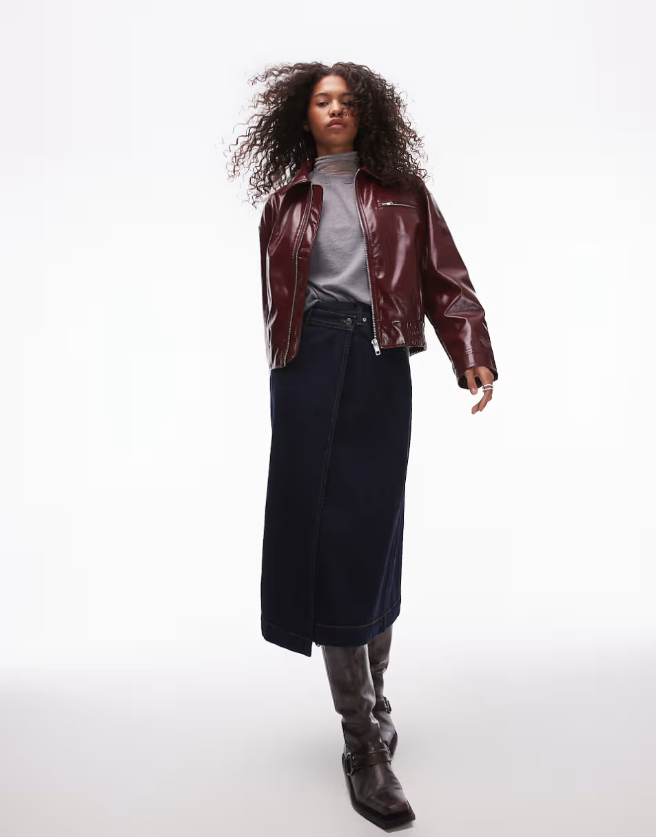 Topshop Faux Leather Bubble Boxy Zip Through Bomber Jacket In Burgundy
