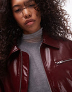 Topshop Faux Leather Bubble Boxy Zip Through Bomber Jacket In Burgundy