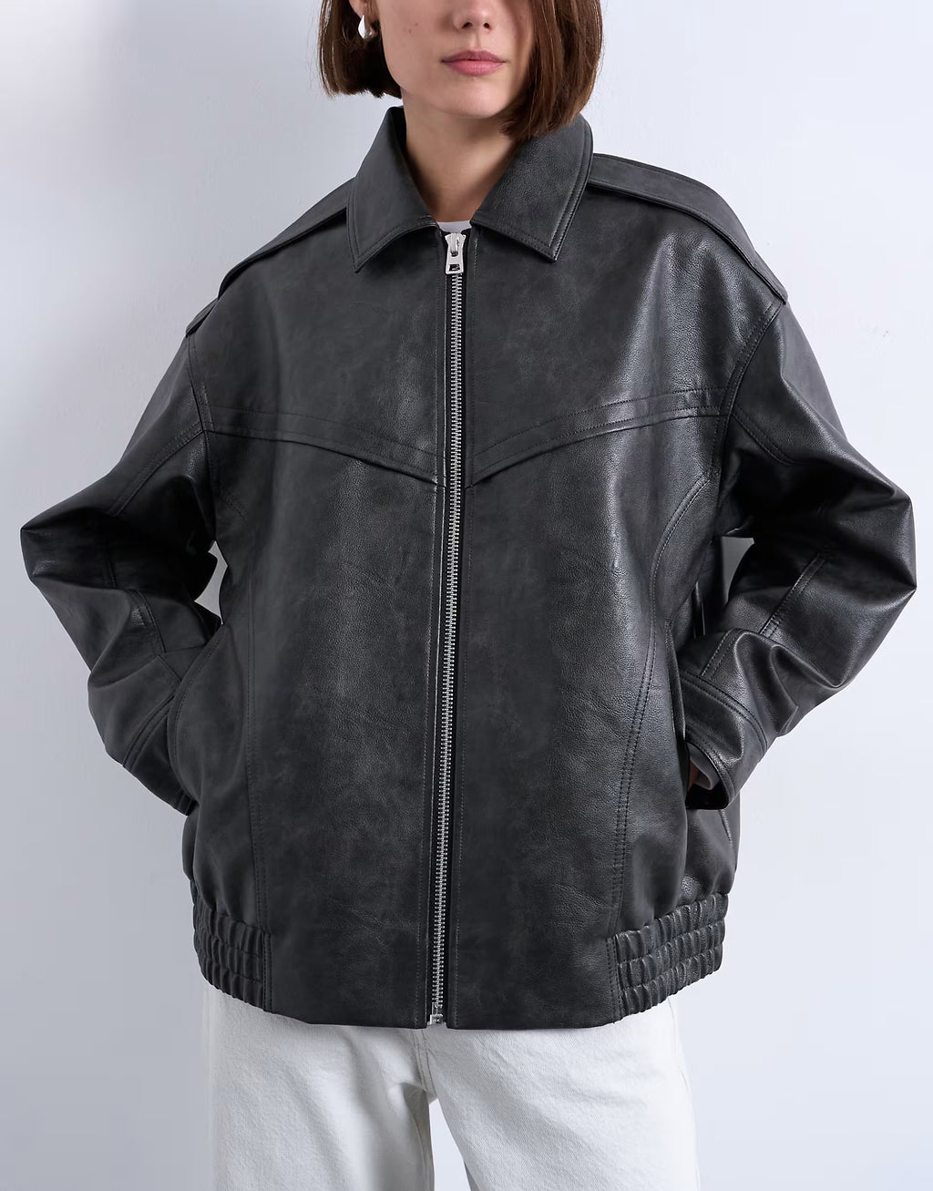 Topshop Oversized Faux Leather Bubble Boxy Zip Up Bomber Jacket In Black