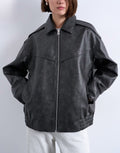 Topshop Oversized Faux Leather Bubble Boxy Zip Up Bomber Jacket In Black
