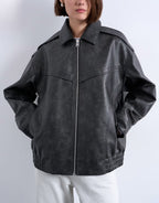 Topshop Oversized Faux Leather Bubble Boxy Zip Up Bomber Jacket In Black