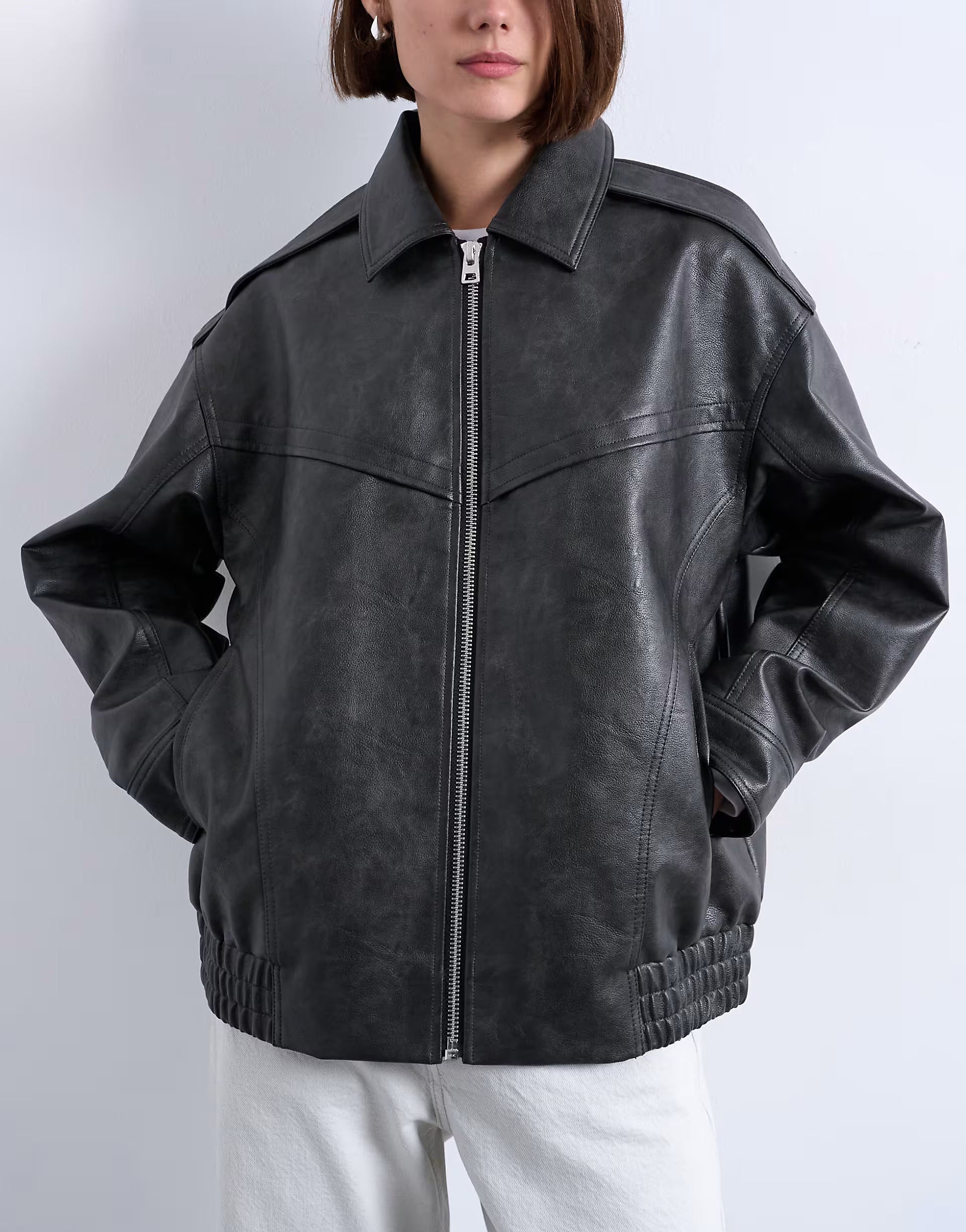 Topshop Oversized Faux Leather Bubble Boxy Zip Up Bomber Jacket In Black