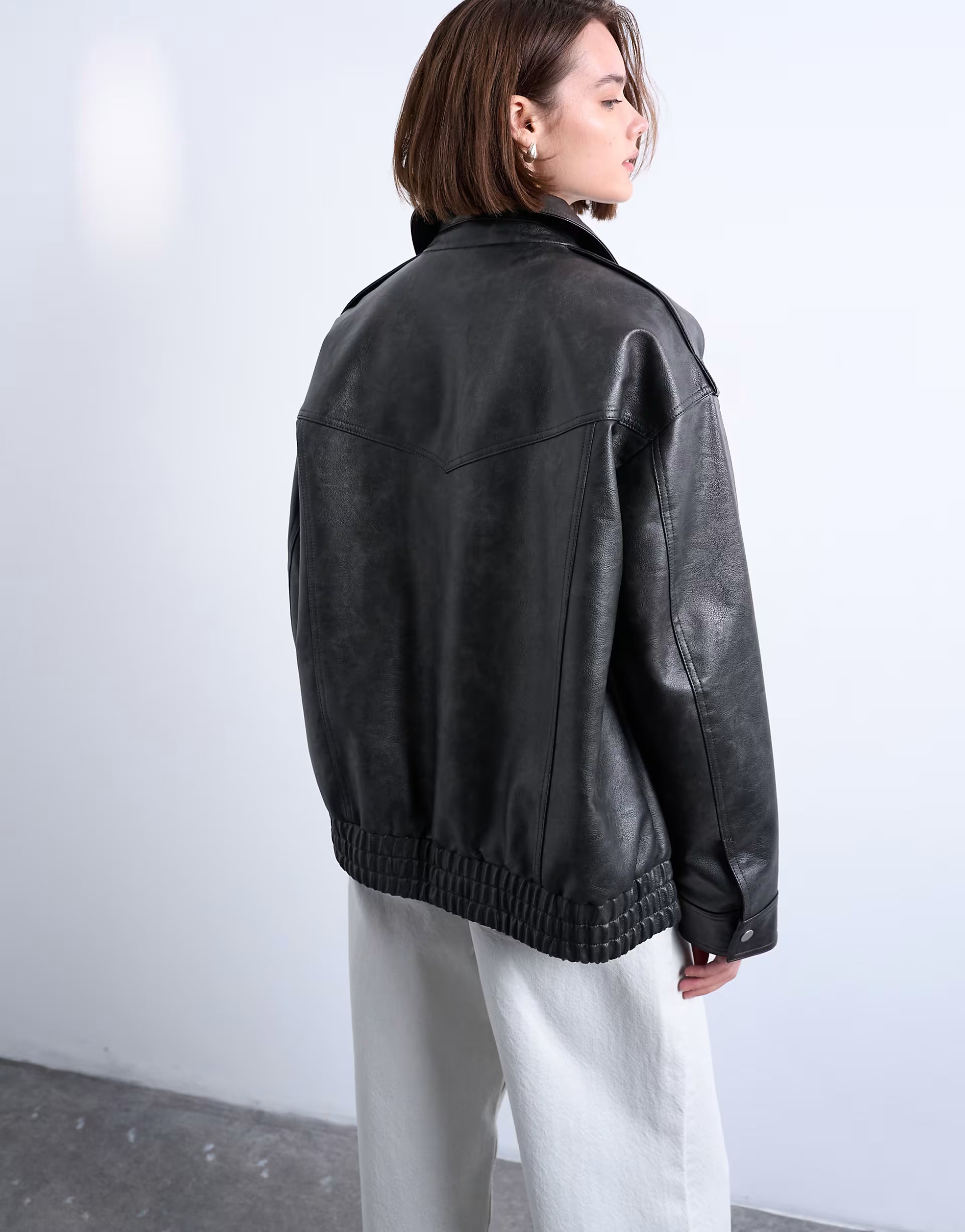 Topshop Oversized Faux Leather Bubble Boxy Zip Up Bomber Jacket In Black