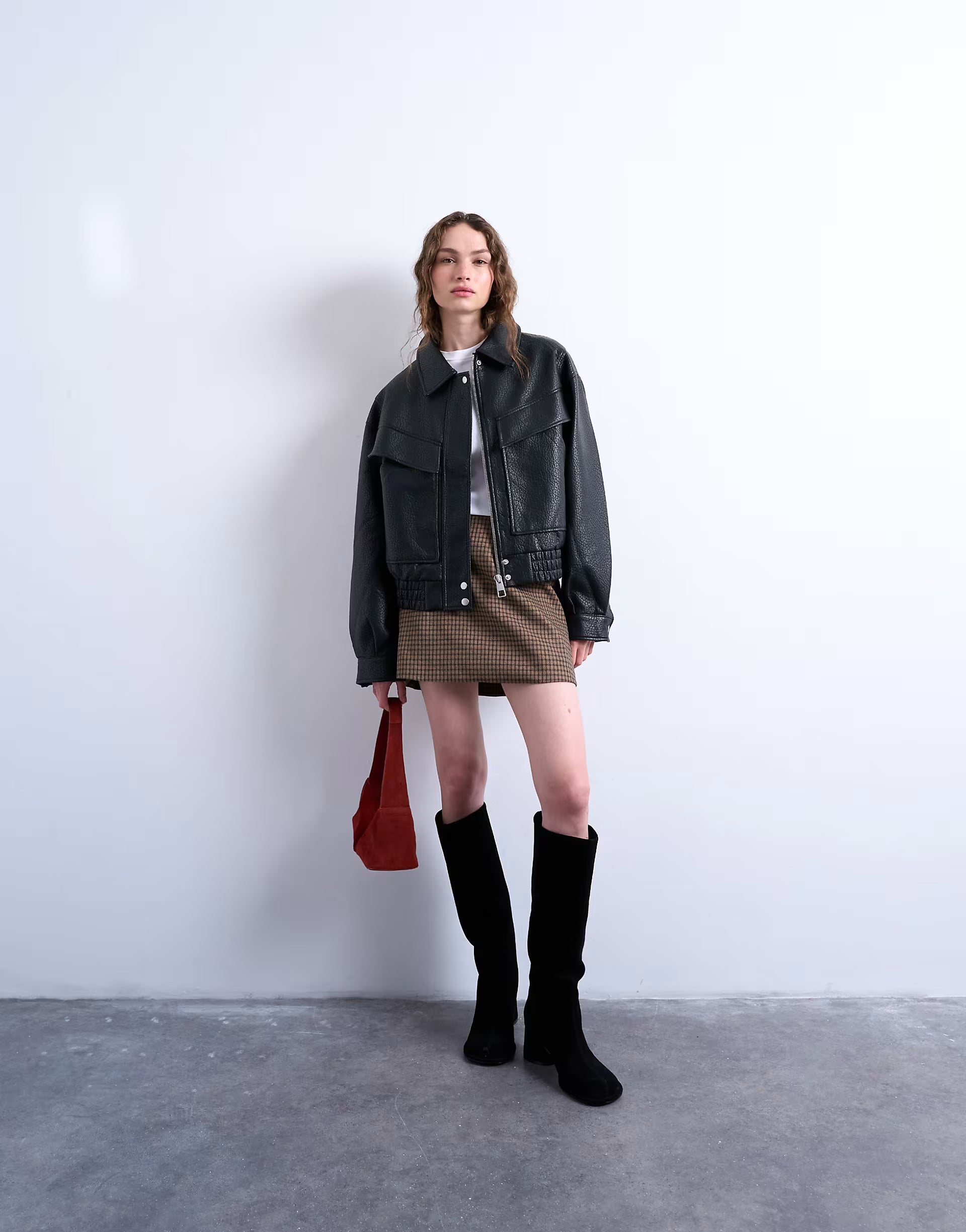 Topshop Oversized Faux Leather Bubble Boxy Zip Up Bomber Jacket In Black