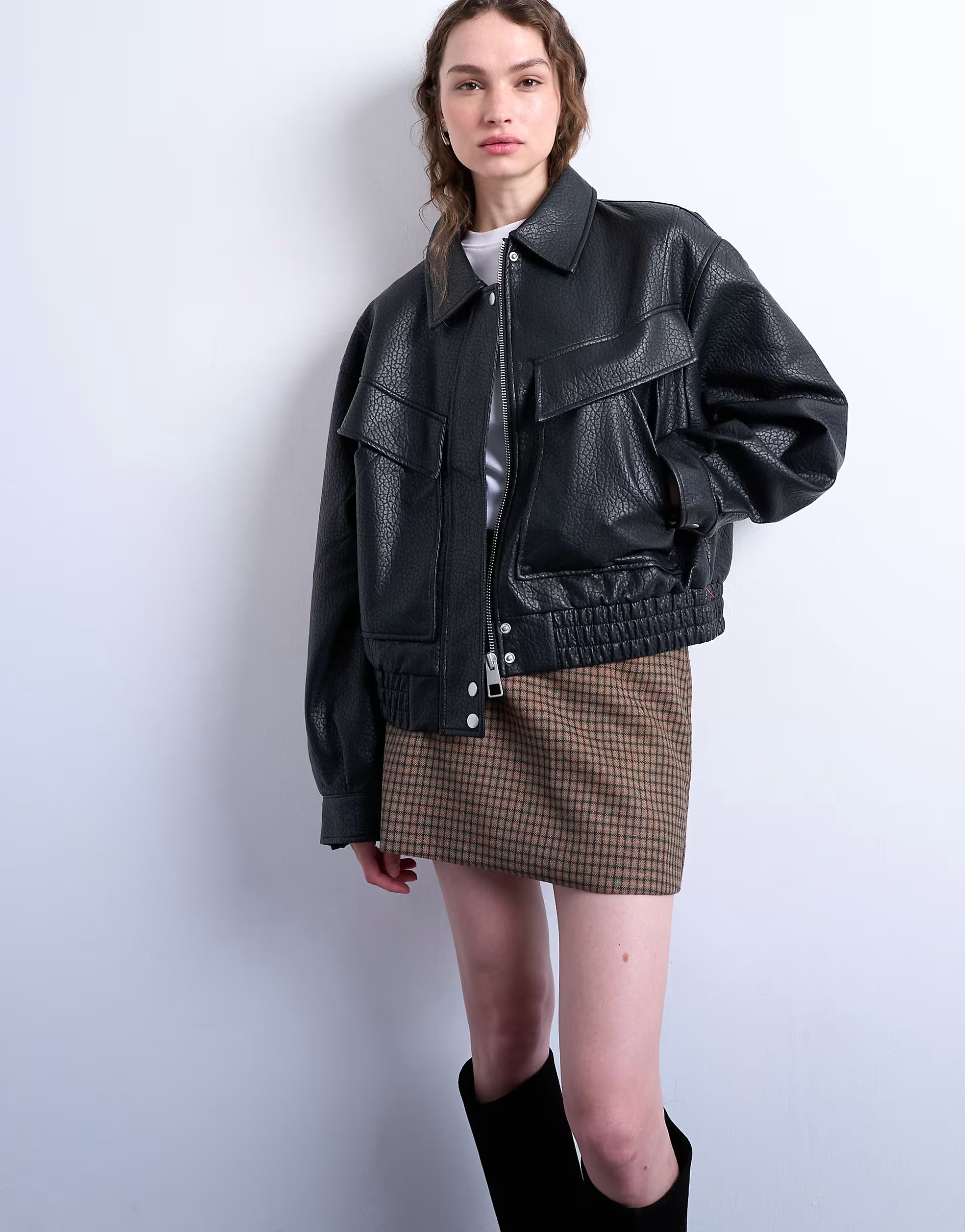 Topshop Oversized Faux Leather Bubble Boxy Zip Up Bomber Jacket In Black