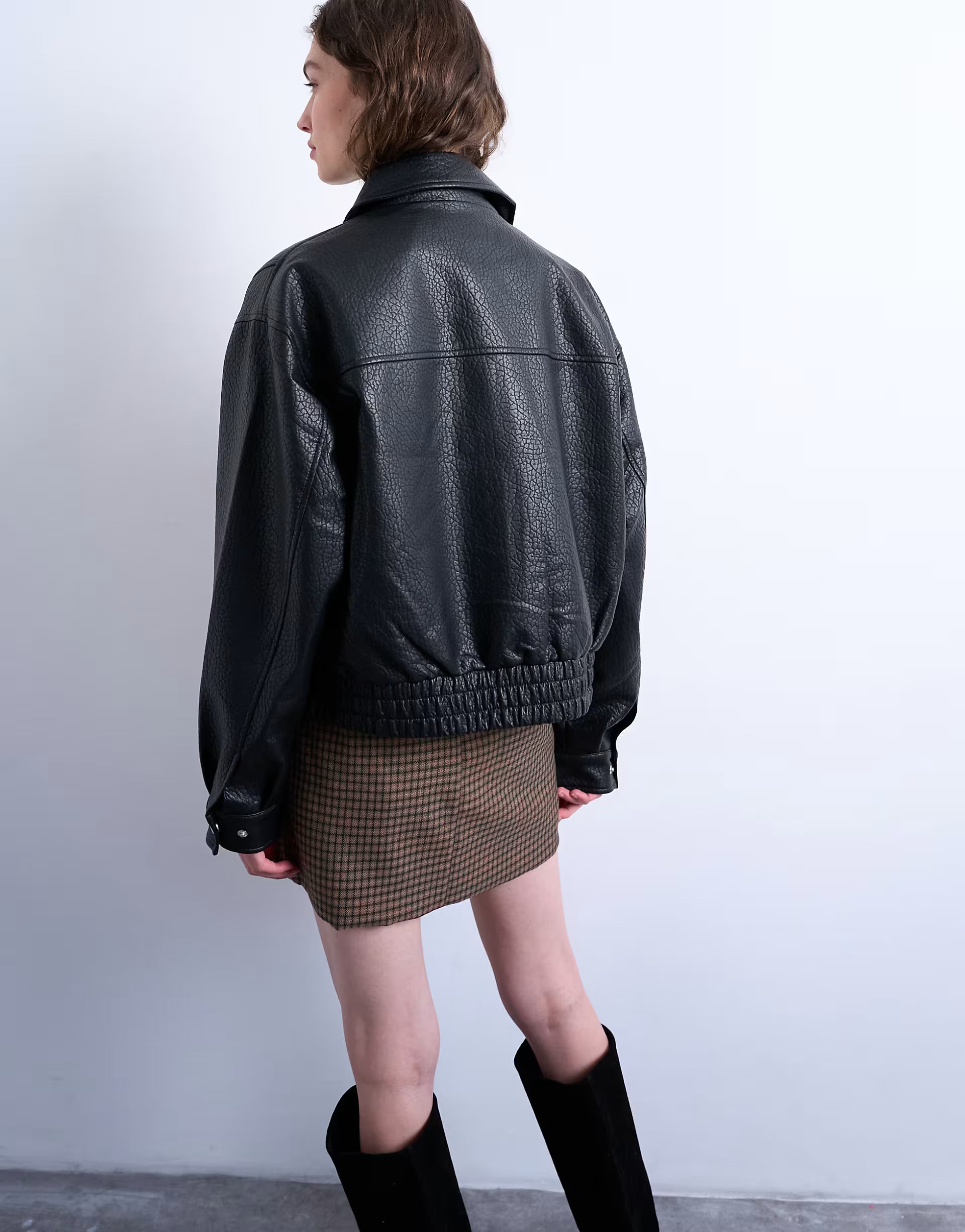 Topshop Oversized Faux Leather Bubble Boxy Zip Up Bomber Jacket In Black