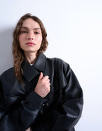 Topshop Oversized Faux Leather Bubble Boxy Zip Up Bomber Jacket In Black