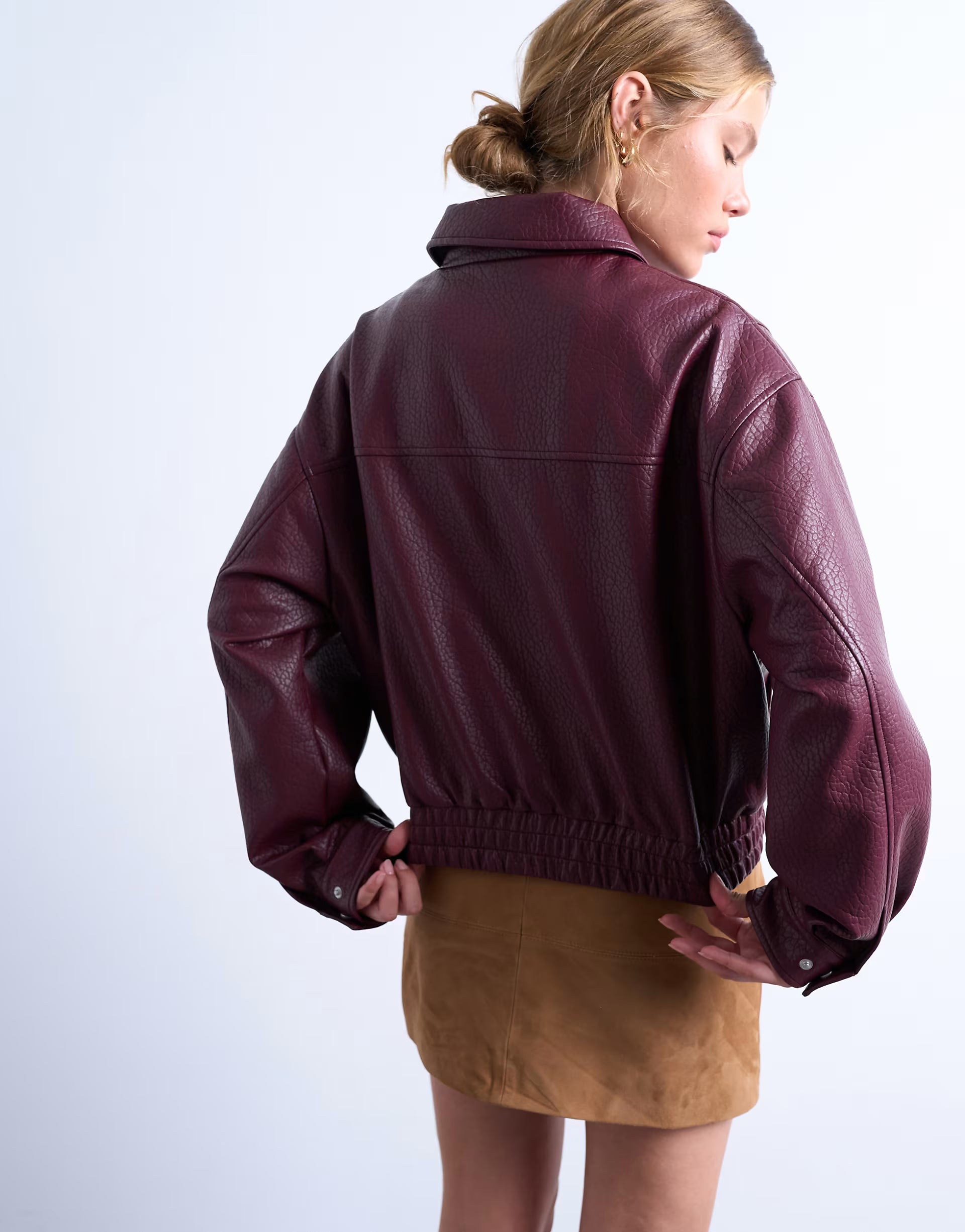 Topshop Faux Leather Bubble Boxy Zip Through Bomber Jacket In Burgundy