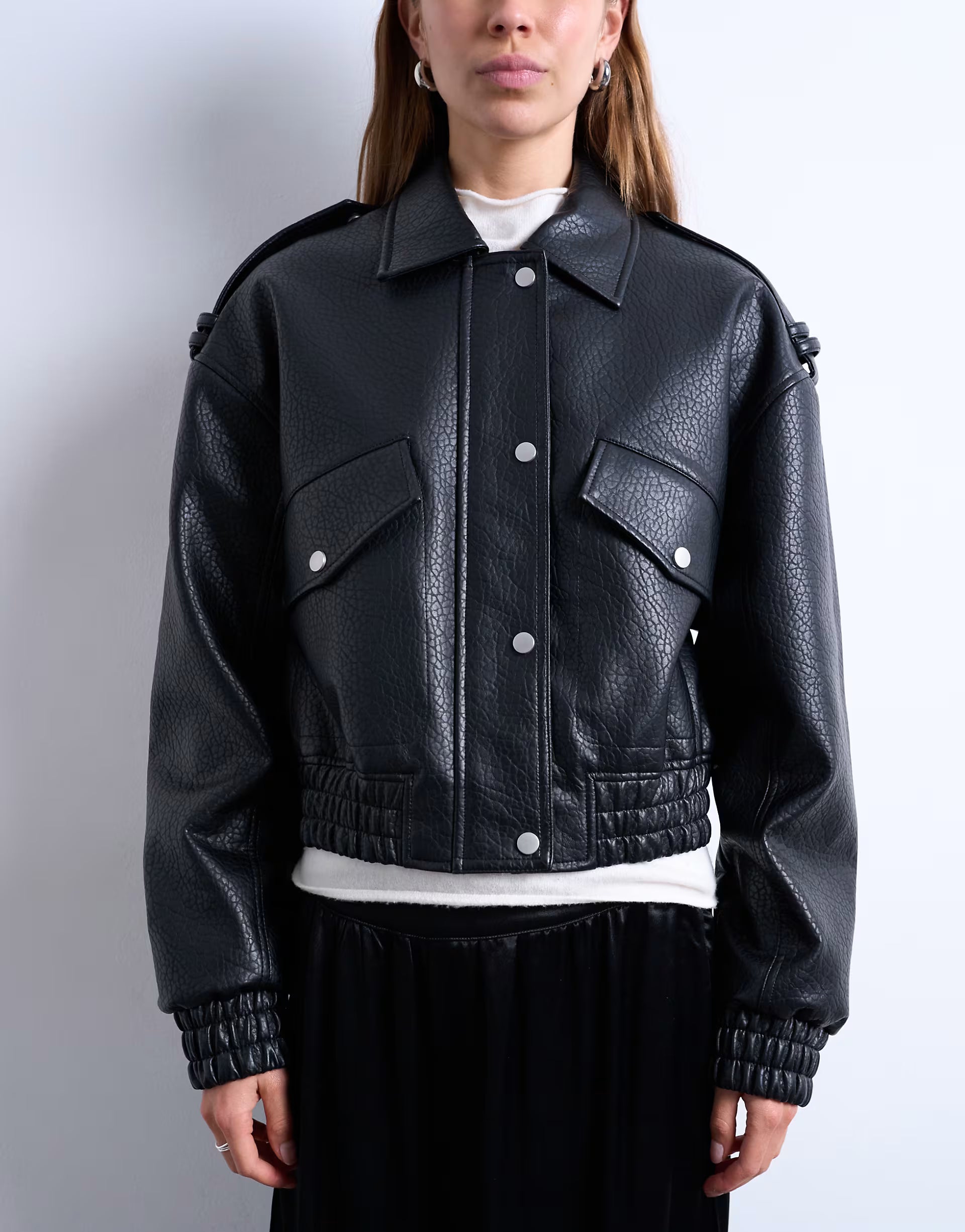 Topshop Oversized Faux Leather Bubble Boxy Zip Up Bomber Jacket In Black