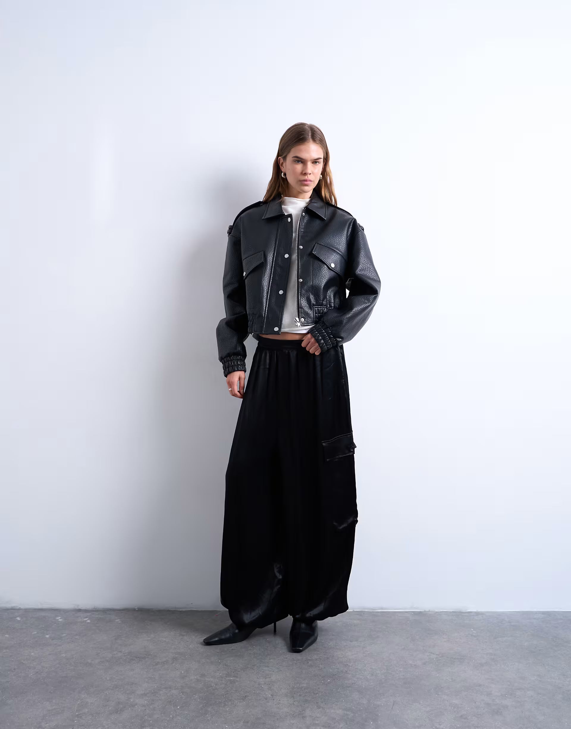 Topshop Oversized Faux Leather Bubble Boxy Zip Up Bomber Jacket In Black