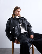 Topshop Oversized Faux Leather Bubble Boxy Zip Up Bomber Jacket In Black