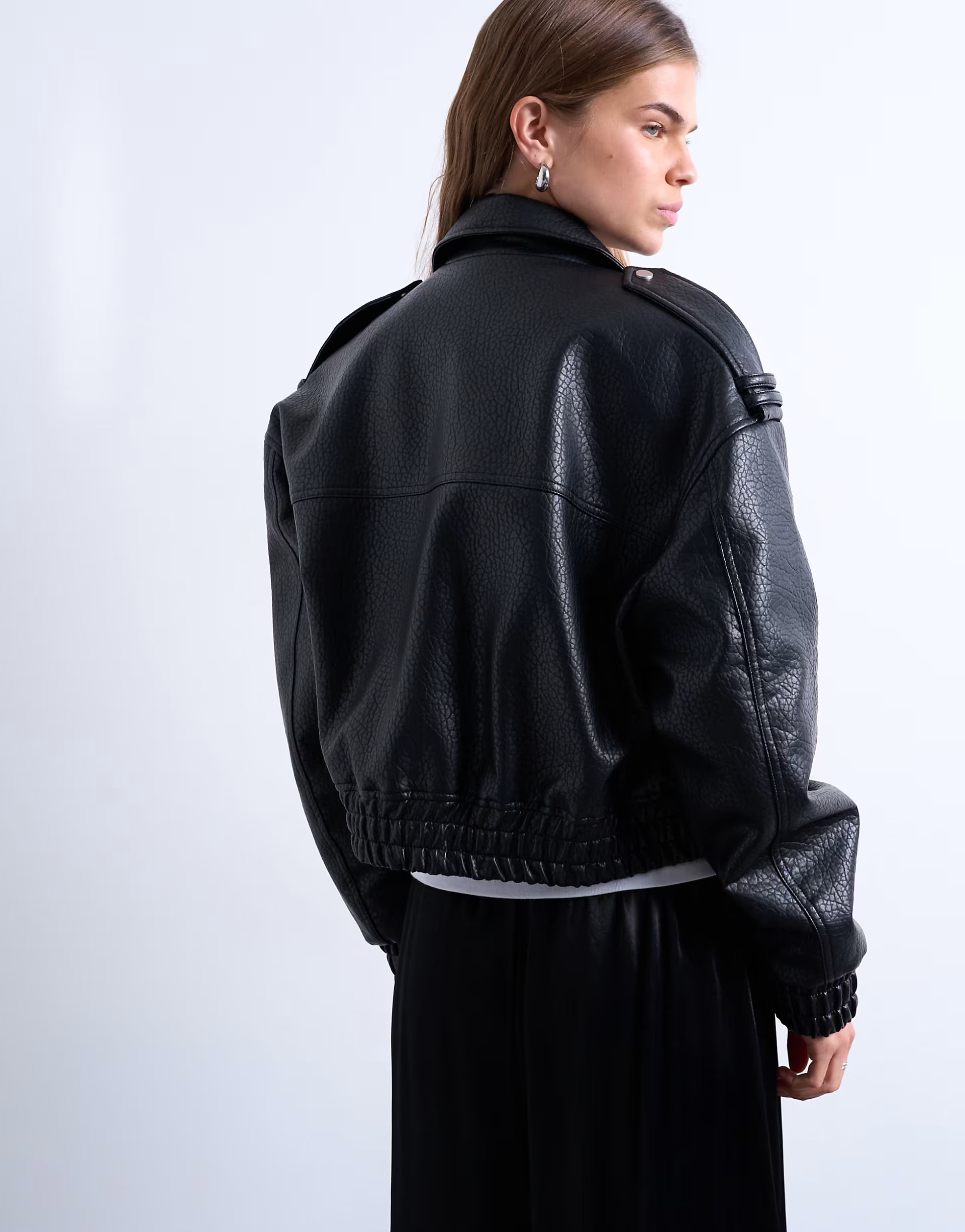 Topshop Oversized Faux Leather Bubble Boxy Zip Up Bomber Jacket In Black
