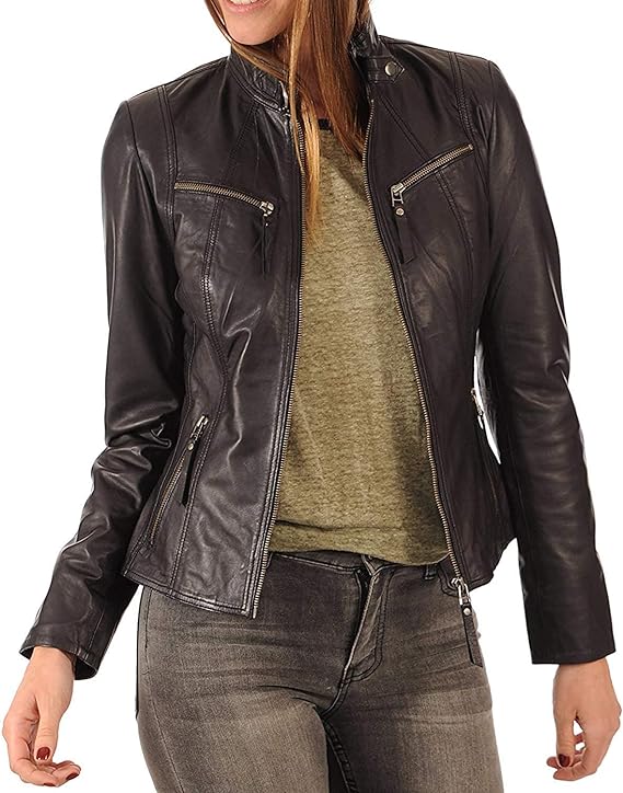 ROXA Trendy Women's Zip Up Genuine Biker Jacket Zing Apparel