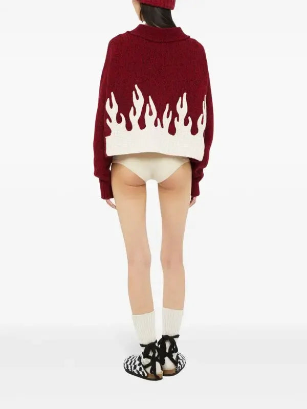Women's Red And White Flame Motif Cropped Cardigan