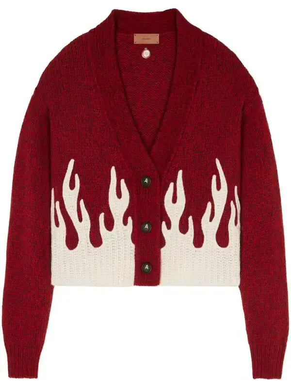Women's Red And White Flame Motif Cropped Cardigan