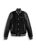 Black Varsity Bomber Leather Jacket With Stripes
