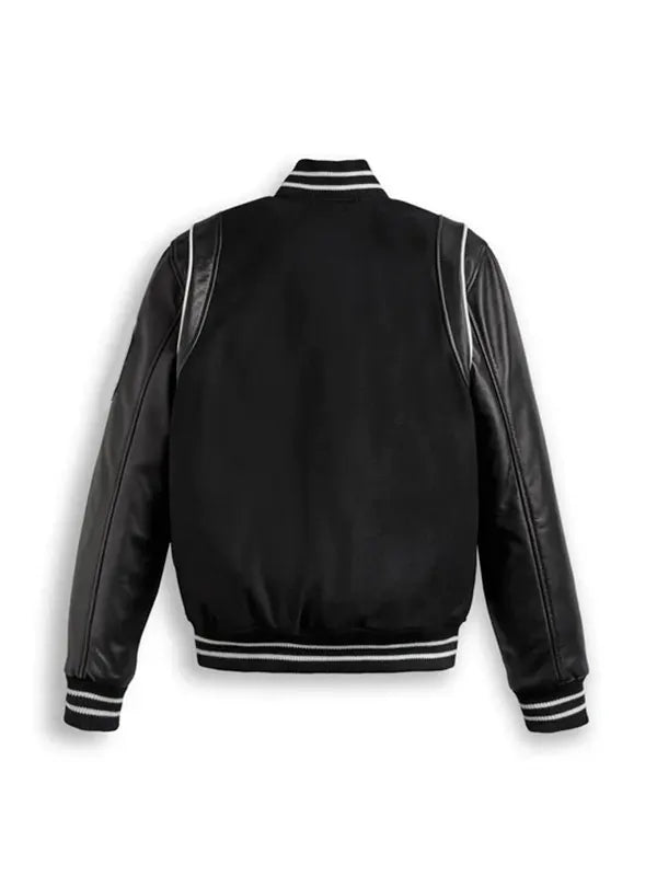 Black Varsity Bomber Leather Jacket With Stripes