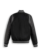 Black Varsity Bomber Leather Jacket With Stripes