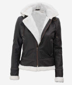 Black Leather Shearling Jacket For Women With Hood For Sale