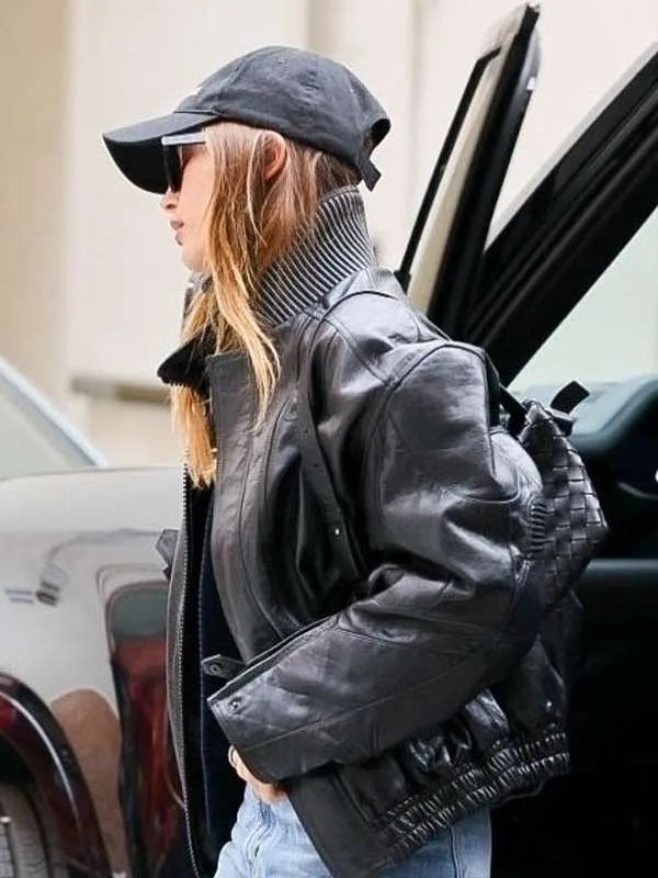Buy Hailey Bieber Black Bomber Leather Jacket