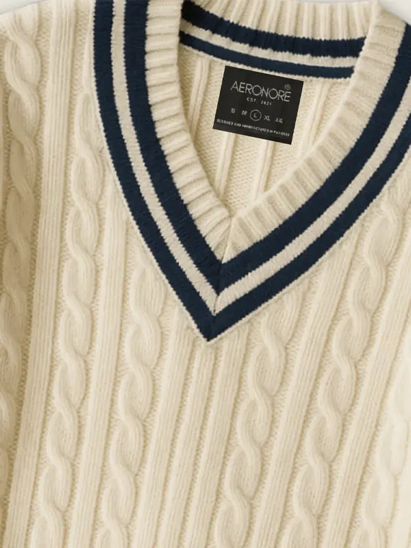 Cable Knit V Neck Cricket Sweater