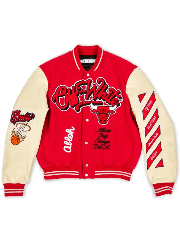Chicago Bulls Off White Red Varsity Jacket