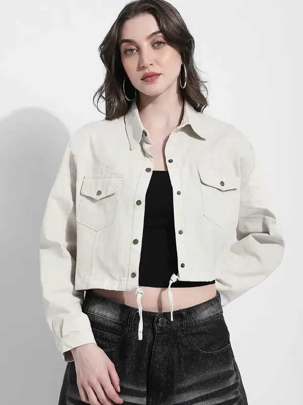 Cropped Off White Denim Jacket