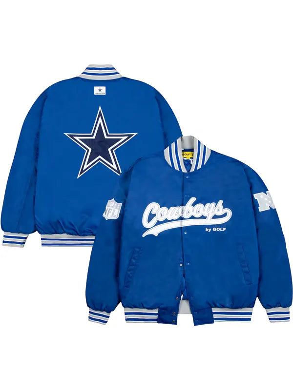 Dallas Cowboys GOLF WANG Blue Satin Bomber Jacket