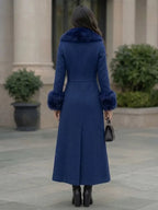 Elegant Women's Long Wool Coat with Faux Fur Trim and Cuffs