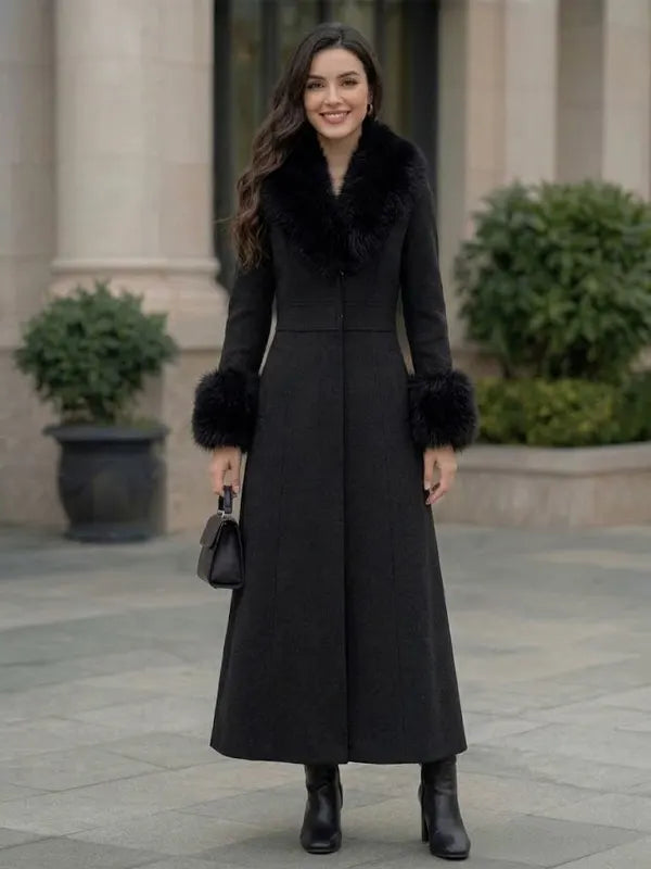 Elegant Women's Long Wool Coat with Faux Fur Trim and Cuffs