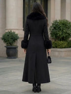 Elegant Women's Long Wool Coat with Faux Fur Trim and Cuffs