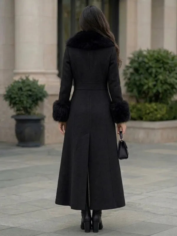 Elegant Women's Long Wool Coat with Faux Fur Trim and Cuffs