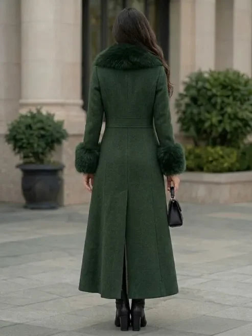 Elegant Women's Long Wool Coat with Faux Fur Trim and Cuffs