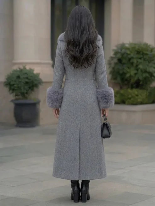 Elegant Women's Long Wool Coat with Faux Fur Trim and Cuffs