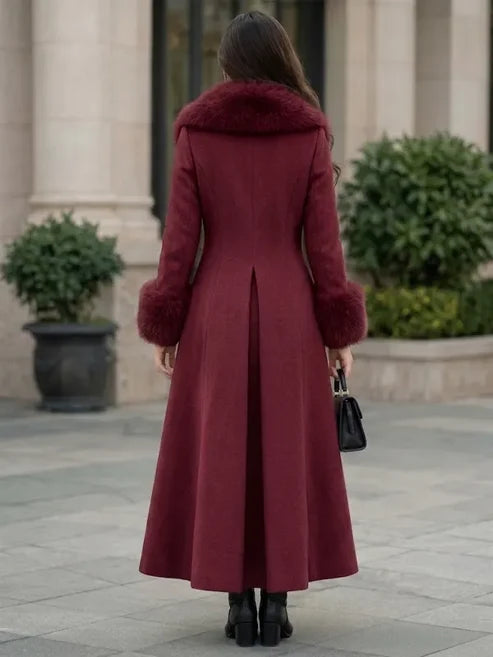 Elegant Women's Long Wool Coat with Faux Fur Trim and Cuffs
