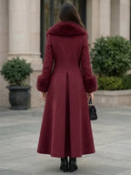 Elegant Women's Long Wool Coat with Faux Fur Trim and Cuffs