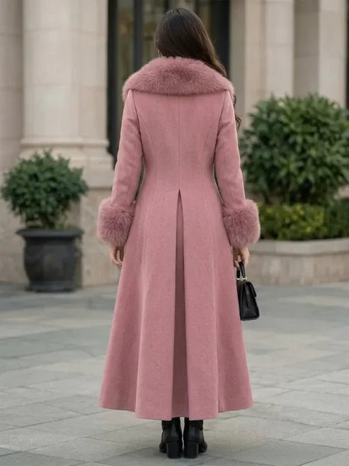 Elegant Women's Long Wool Coat with Faux Fur Trim and Cuffs