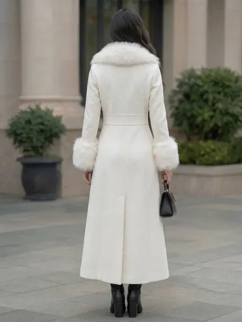 Elegant Women's Long Wool Coat with Faux Fur Trim and Cuffs