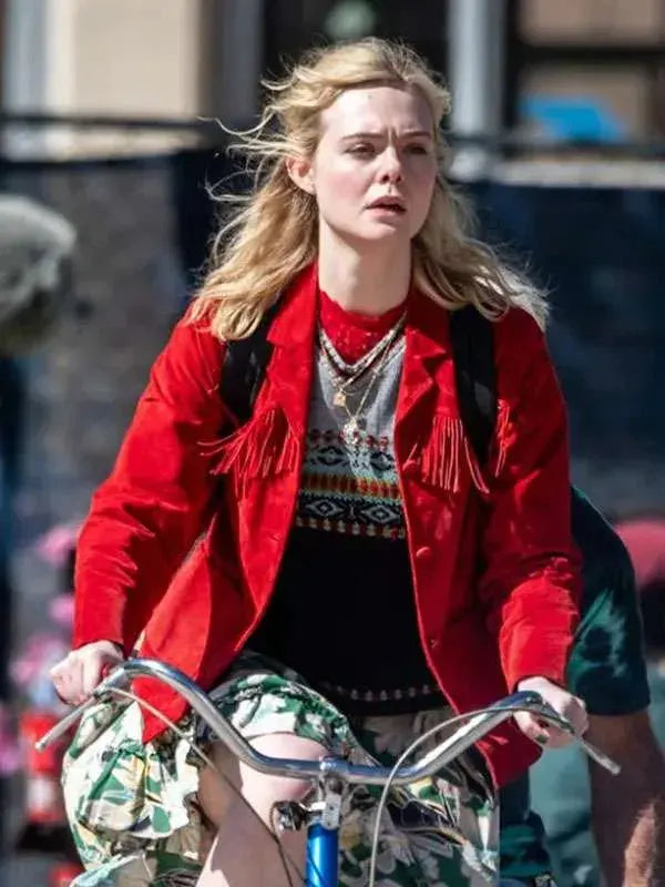 Elle Fanning Margo’s Got Money Troubles 2026 Red Fringe Jacket