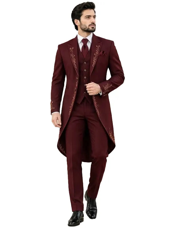 Emerald Maroon Groom Tailcoat - Embroidered
