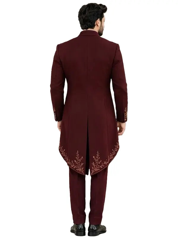 Emerald Maroon Groom Tailcoat - Embroidered