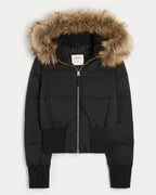 Faux-Fur-Trim-Puffer-Bomber-Jacket-Black