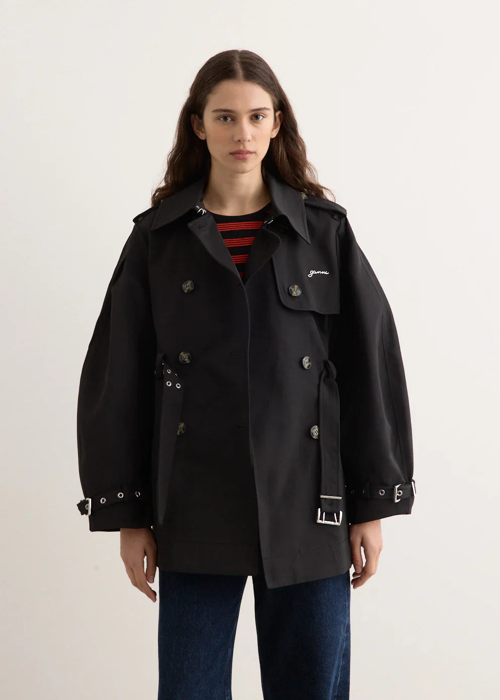 Ganni Black Heavy Twill MIDI Trench Coat