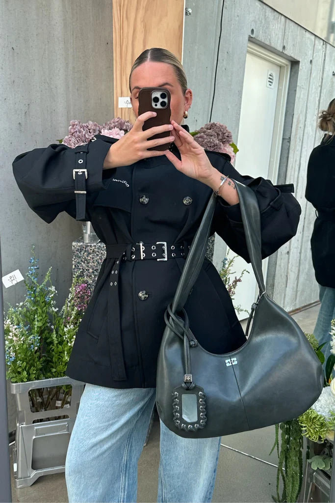Ganni Black Heavy Twill MIDI Trench Coat