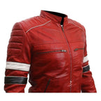 Genuine Striped Red Leather Moto Jacket Mens Sale