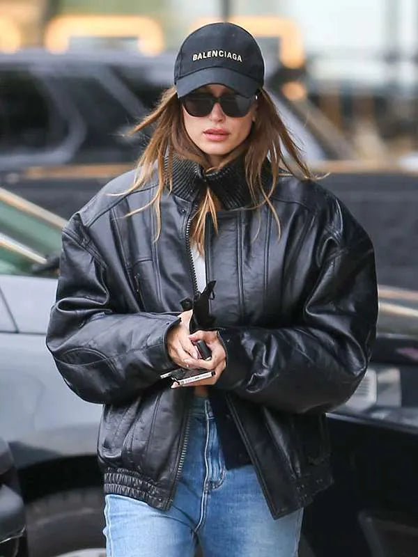 Hailey Bieber Black Bomber Leather Jacket Buy