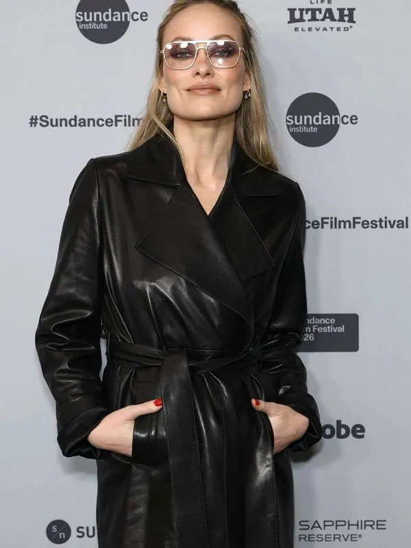 I Want Your Sex 2026 Olivia Wilde Black Leather Trench Coat