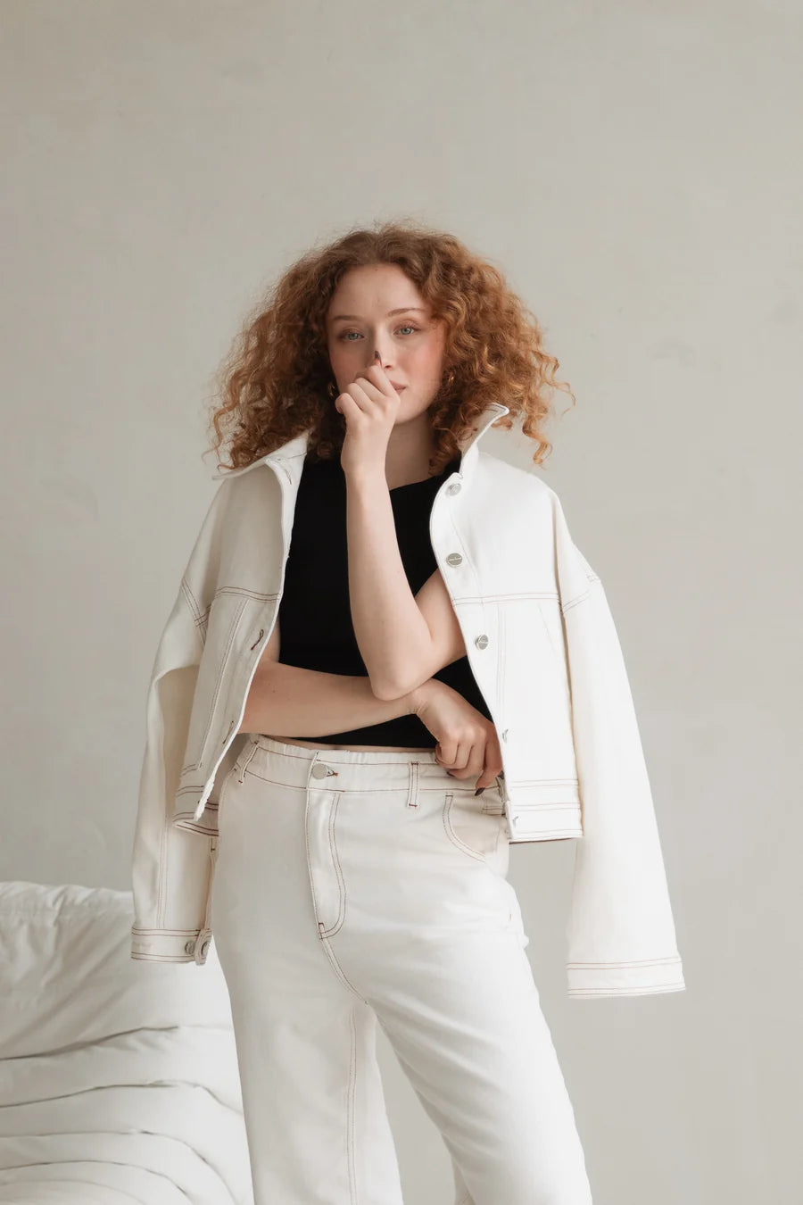 Cropped Off White Denim Jacket